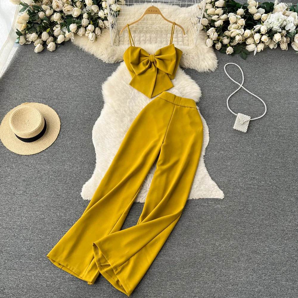 Women Summer Solid Color Fashion Set Bow Strap Top Split Casual Pants Two Piece Set