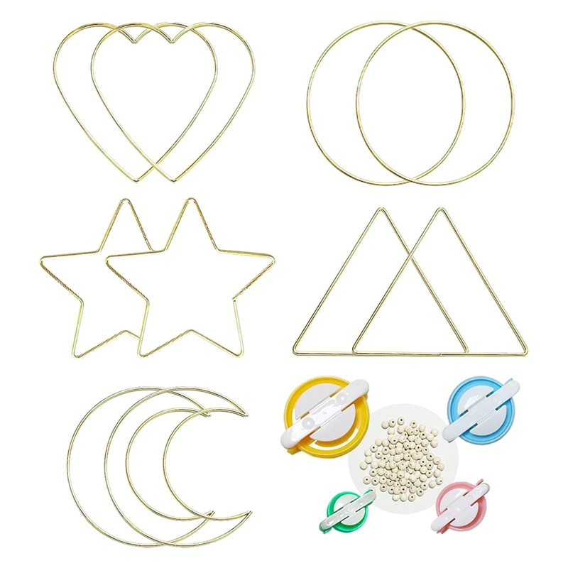 Dream Catcher Rings Set, Metal Hoops For Crafts, 6 Inches Macrame Rings Gold, 5 Shapes Metal Hoops 4 Size Pompom Makers