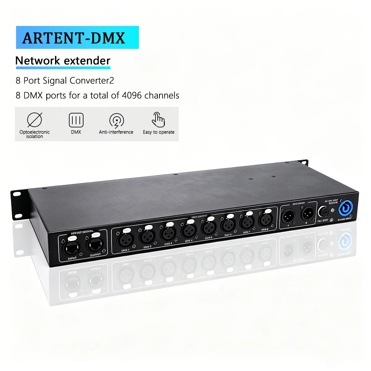 

8 Port Artnet to DMX Node Expander Splitter 8x512 Output 4096 Channels for Stage DJ Christmas Party Bar Club Lighting Control