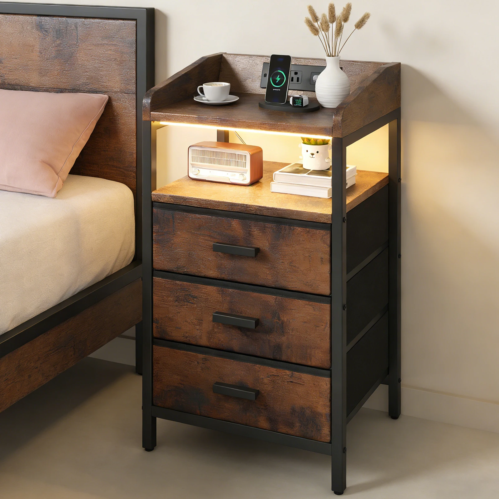 

2pcs Nightstand Vintage Bed Side Table with 2 USB Ports 2 Outlets 3 Fabric Drawers Remote Control Light Strips for Home Bedroom