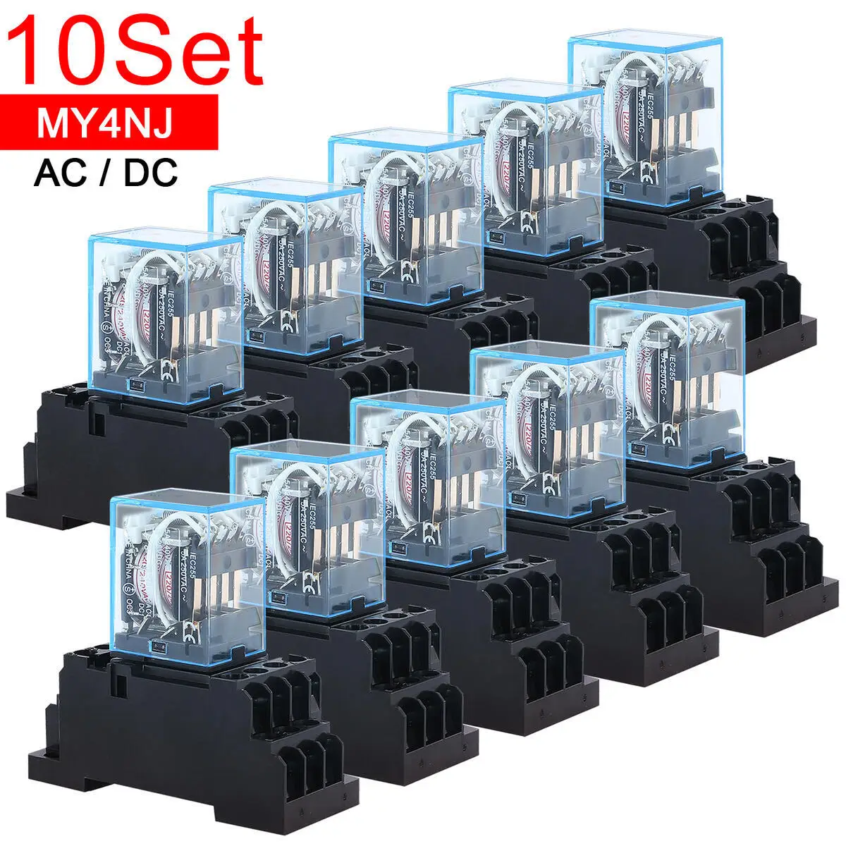 10 Sets MY4 Small Electromagnetic Relay DC12V DC24V AC110V AC220V AC380V MY4NJ HH54P Power Coil Relay 4NO 4NC  14 Pin + Base Min