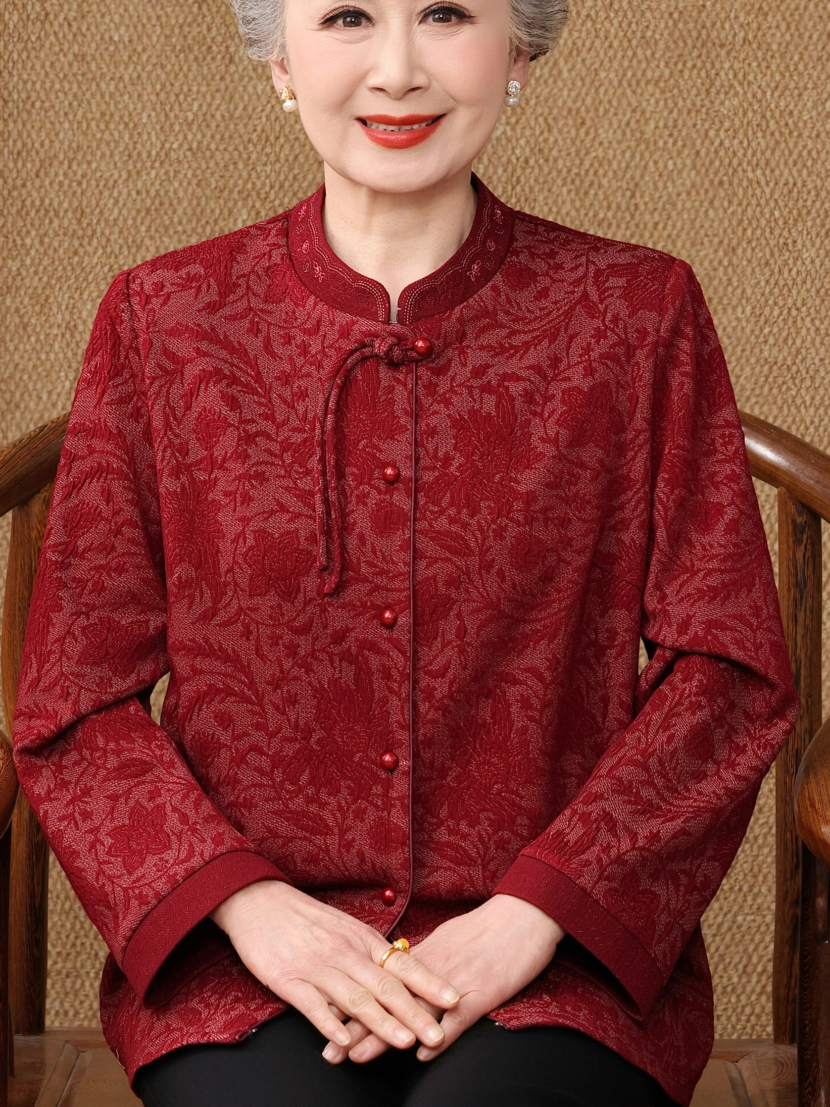 

Red Silk Shirt Women's Fashionable Traditional Chinese Style Stand Collar Grandmother's Spring Outerwear Breathable Lightweight