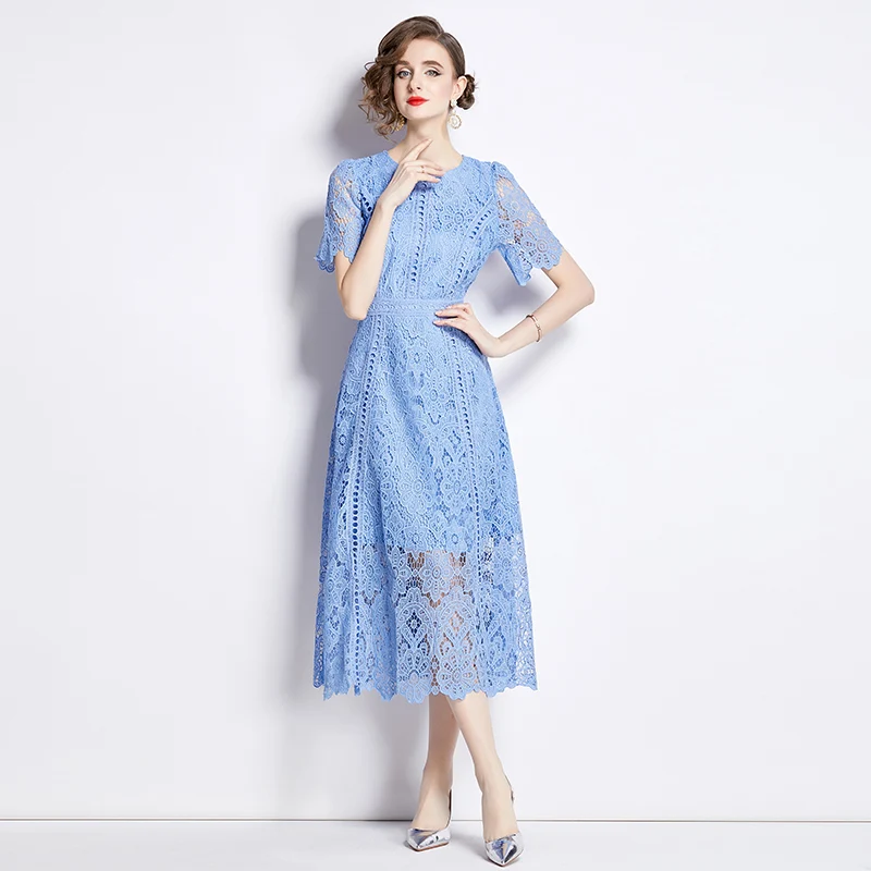 فستان ميدي أنيق برقبة مستديرة وأكمام دانتيل للنساء، تصميم صيفي جديد نحيف، فستان بملمس عتيق من نسيج البوليستر بأكمام قصيرة