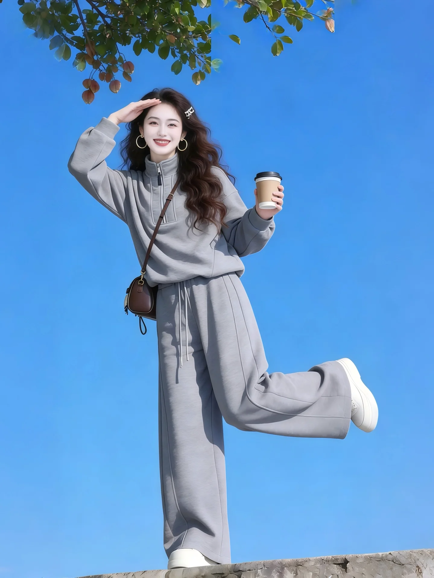 

Early Spring Elegant Grey Ladies Hoodie And Casual Pants Two-Piece Set Stylish Commute Fashion Outfit Long Sleeve Zipper Closure