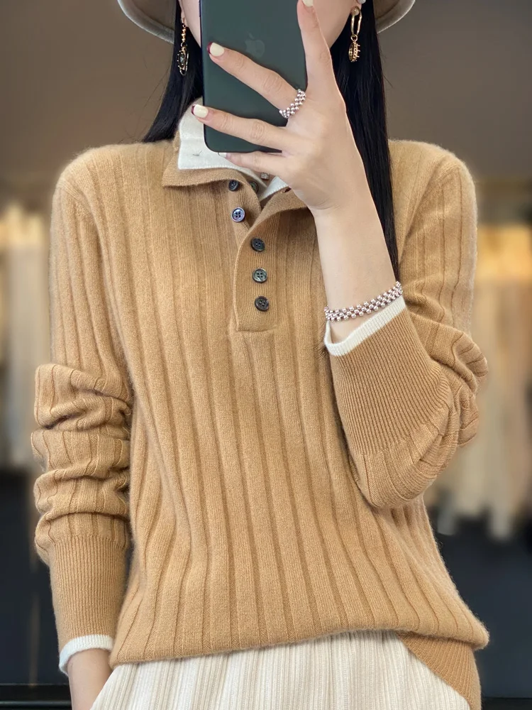 2024 High Quality Women Autumn Winter Casual Turn-down Collar Pullover Cashmere Sweater 100% Merino Wool Knitwear Clothing Tops