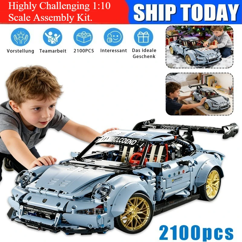 Modèle de voiture de sport à l'échelle 1:10 en blocs de construction, kit de véhicule à assembler en détail, jouet de collection à expédier, idéal pour les amateurs adultes, décoration de bureau à domicile, cadeau idéal pour les fêtes et les anniversaires pour les passionnés de blocs.