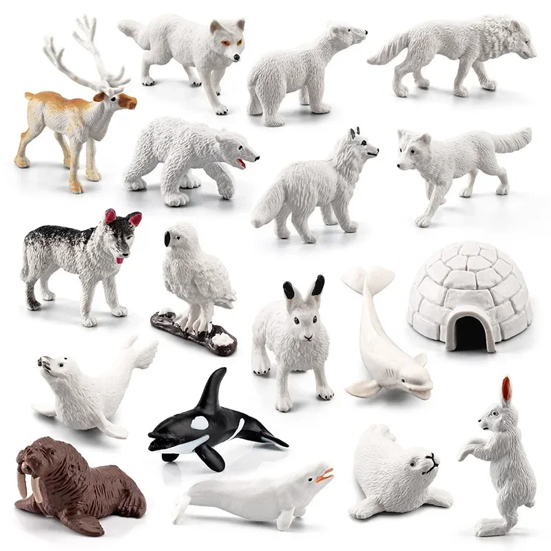 18PCS Set Simulation Mini Polar Animal Model Set PVC Solid Arctic Fox Polar Bear White Fox Seal Polar Animal Model Figure Toys