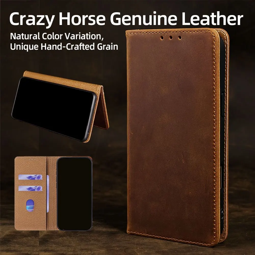 Retro Genuine Leather Magnetic Flip Cover for Samsung Galaxy S26 S25 S24 S23 S22 S21 S20 S10 Note20 Ultra with Wallet Card Slots
