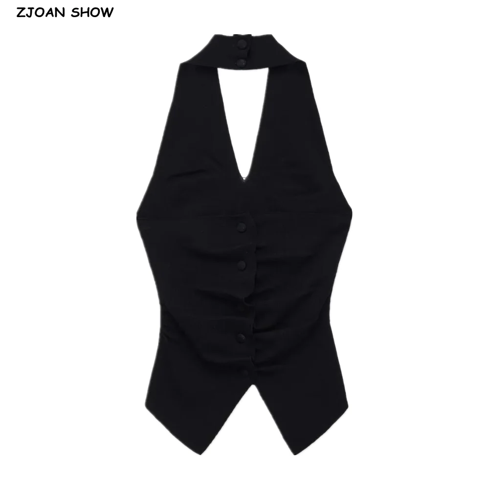 Nowa seksowna czarna dzianinowa bluzka typu halter z dekoltem w serek, odkrytymi guzikami, dopasowany top damski bez pleców, letnia koszulka bez rękawów.