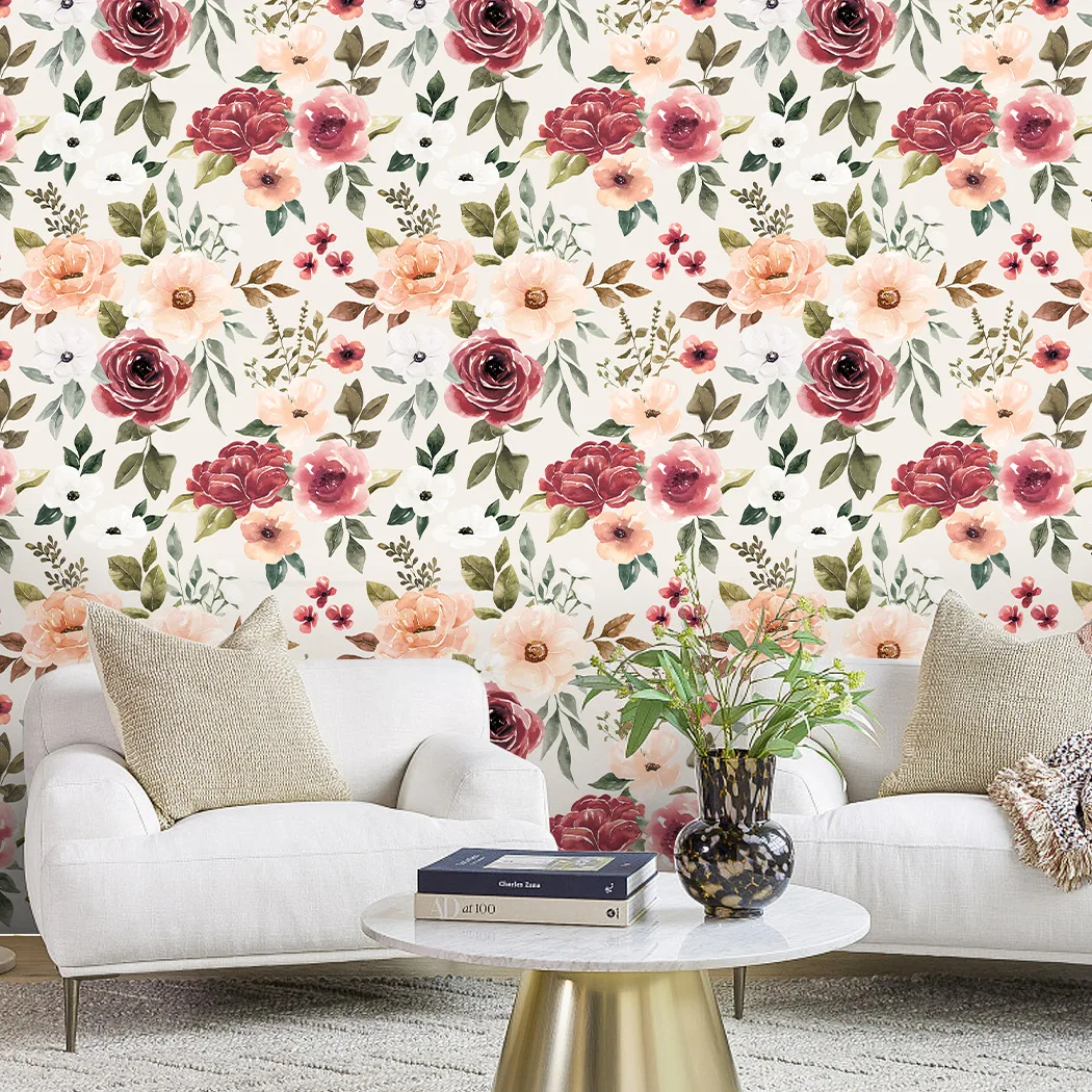 Peel and Stick Wallpaper Floral Boho Wallpapers for Bedroom Vintage Removable Wall Paper Pink Watercolor Peonies