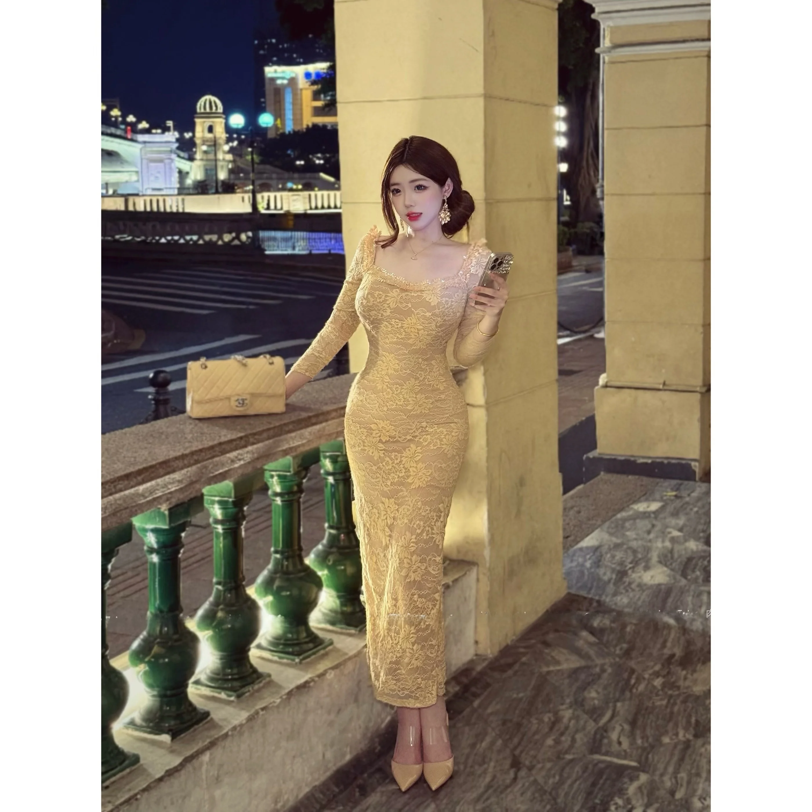 

Ретро-платье с кружевом и длинными рукавами, чувственное, осенне-зимнее, женское, приталенное, с V-образным вырезом, на молнии, H-образного силуэта, шелковистое, дышащее