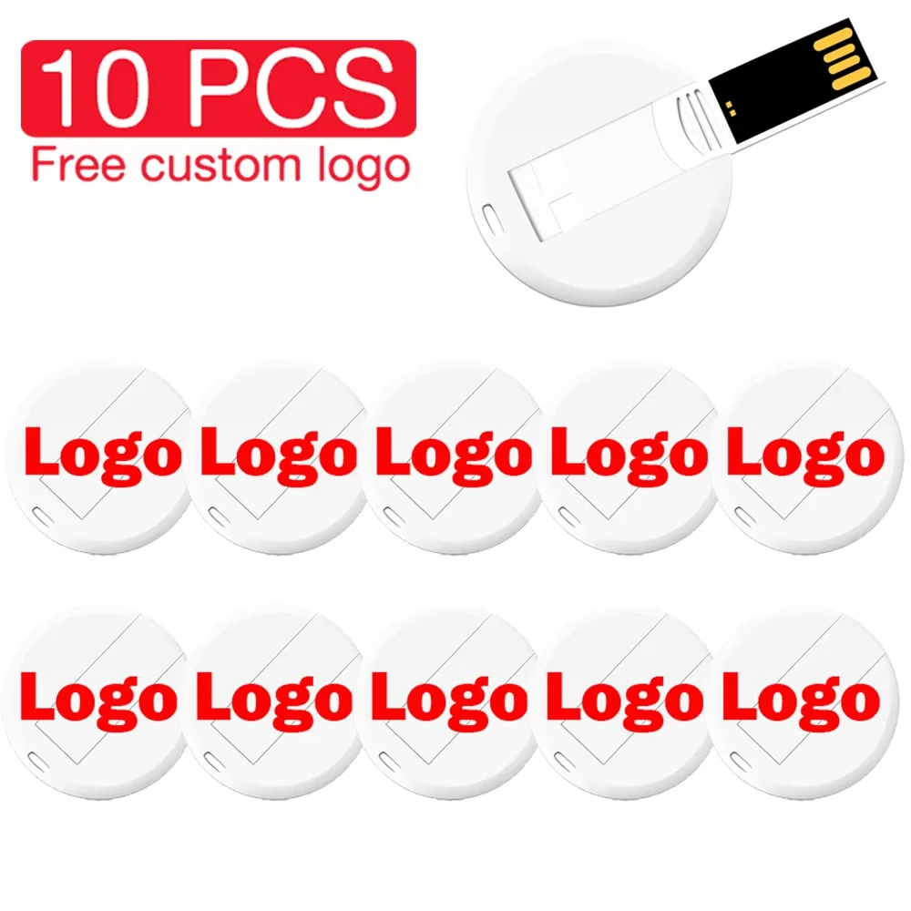 10PCS Lote USB Flash Drive 64GB Business Card Pen Drive 32GB Free Custom Logo Memory Stick Round Coin Color Printing Pendrive