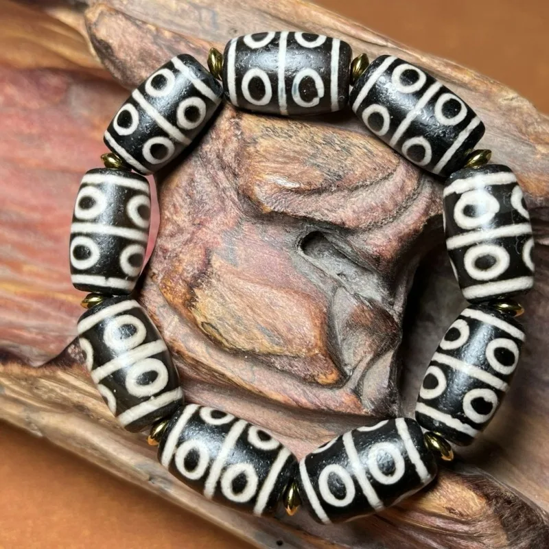 Vintage Tibetan Weathered Eight-Eye Dzi Bead Bracelet, Antique Style Prayer Bead Bangle Unisex Jewelry Accessory