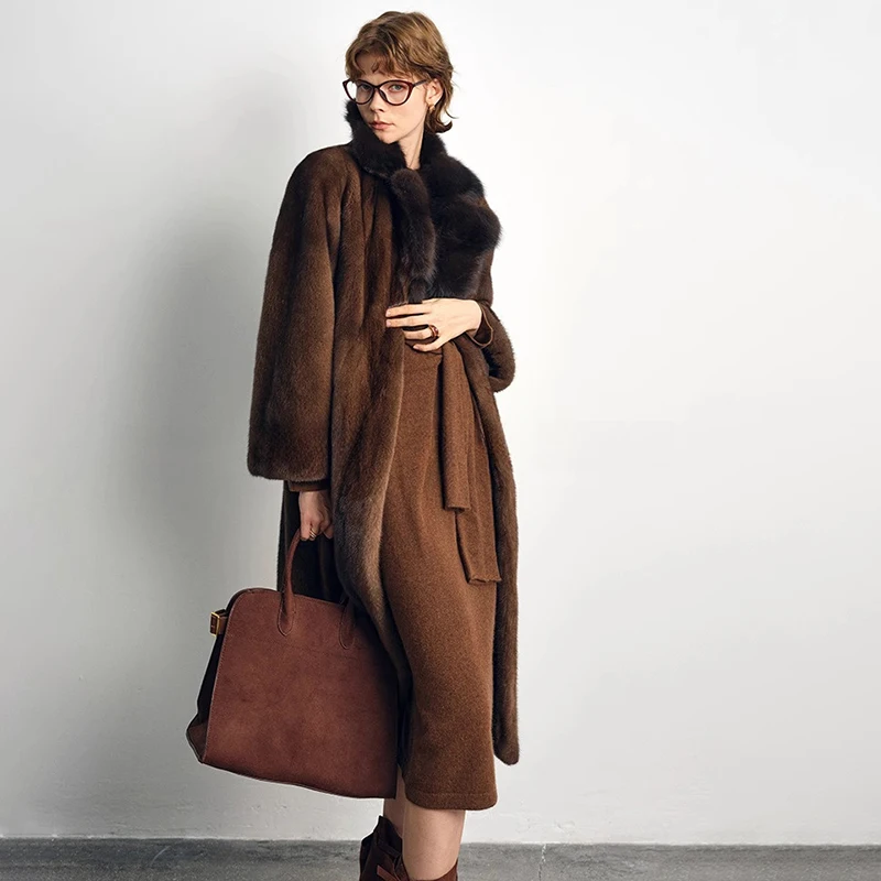 Ftangaiur Winter Import Velvet Mink Fur Coat Turn-Down Collar With Sashes Mink Coat Women X-Long Natural Real Mink Fur Coats
