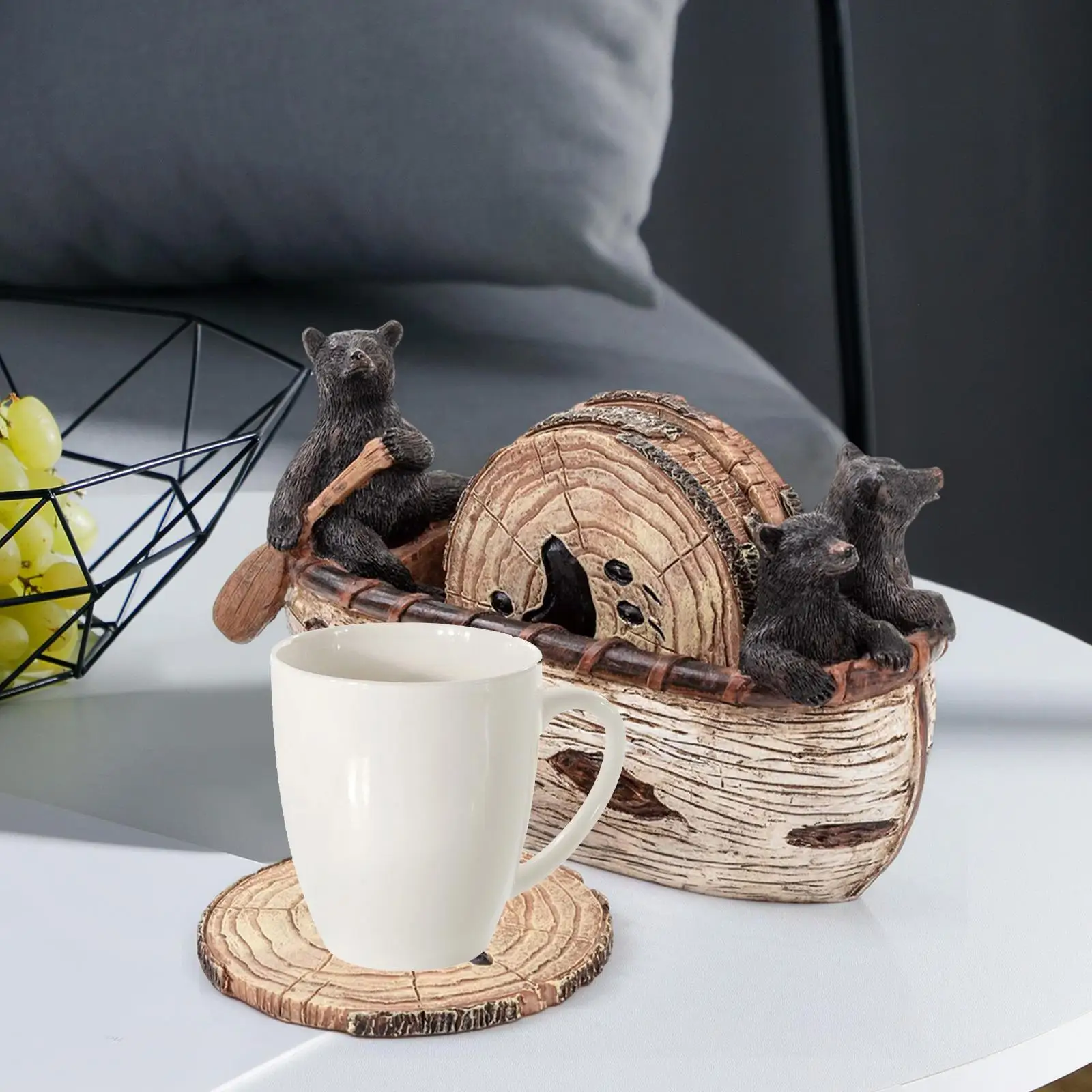 Wooden Coasters Set with Holder Animal Sculpture Gift Drink Coasters Bear Statue Figurine for Living Room Bar Home Coffee Desk