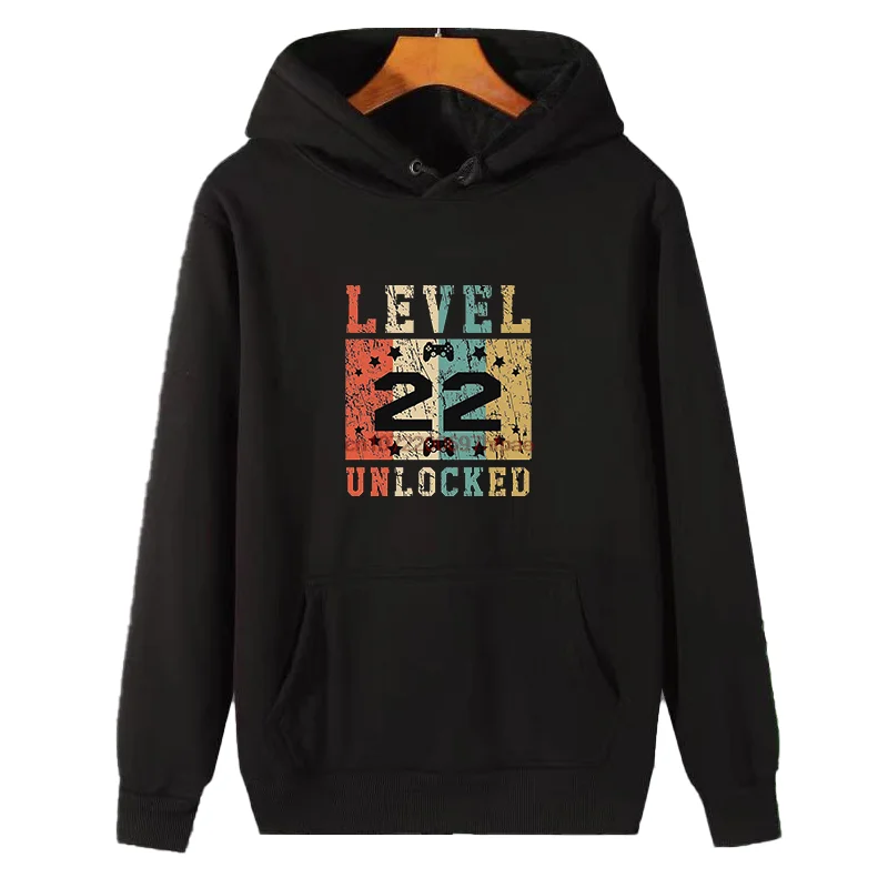 Level 22 (Twenty Two) Unlocked Funny Retro Video Games Graphic Hooded Sweatshirts Winter Thick Sweater Hoodie Male Clothes