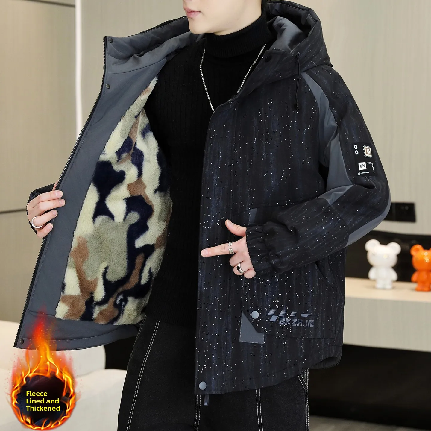 

Thickened Fleece Men's Jacket Autumn Winter Korean Style Slim Fit Fashion Workwear Coat with Hood Warm Cotton Clothes