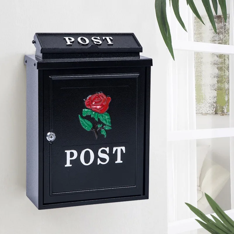 Wall Mounted Metal Mailbox With Embossed Red Rose Vintage Waterproof Lockable Outdoor Letter Box