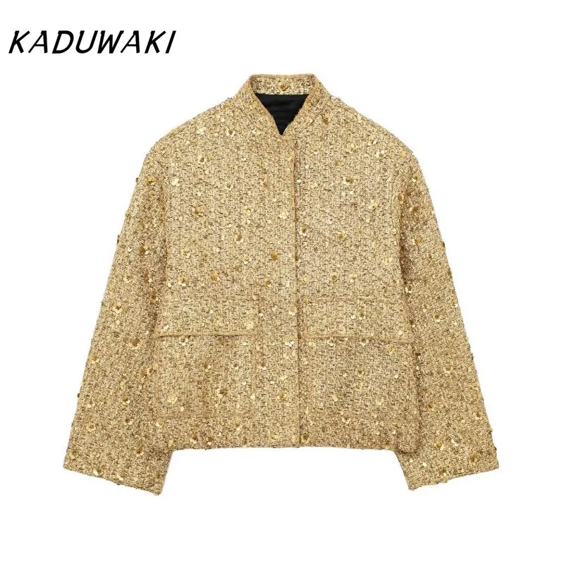 

KADUWAKI Короткие пальто с карманами в европейском/американском стиле, модные уличные тканые свободные топы с блестками, золотые куртки с воротником-стойкой и длинными рукавами