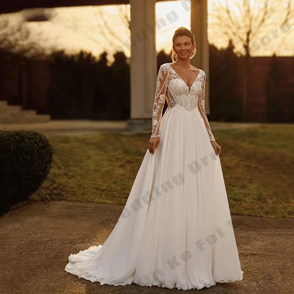 Robes de mariée ivoire pour femmes, élégantes, manches longues, ligne a, en Tulle, avec des Appliques de princesse, personnalisées