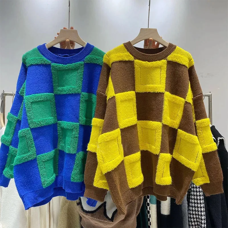 

Осень-зима женский новый свободный толстый свитер с круглым вырезом женский свитер в клетку с длинными рукавами модный пуловер с цветными блоками
