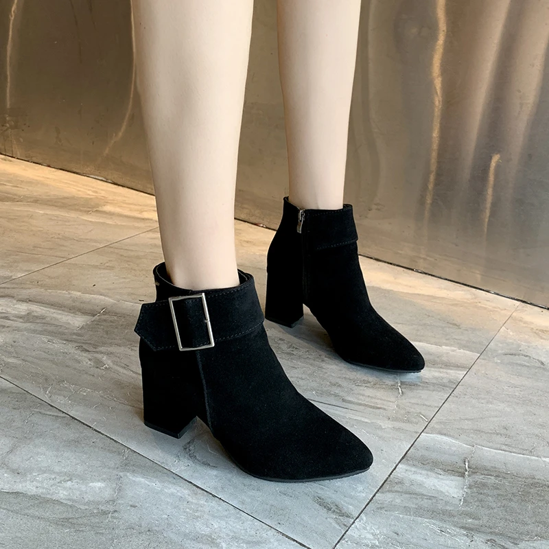 Women Vintage High Heels Ankle Boots Buckle Casual Ladies Sexy Ankle Boots Female Chelsea Boots Plus Size 35-43 Botas De Mujer