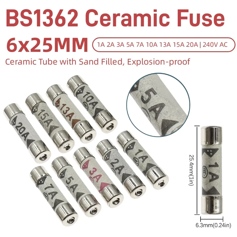 10/30/50PCS BS1362 Ceramic Fuse 6X25mm 240V AC 1A 2A 3A 5A 7A 10A 13A 15A 20A British Plug Cartridge Fuse For UK Household Plug