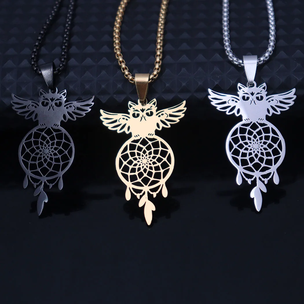 Fashionable stainless steel Dream Owl pendant necklace - creative, trendy, versatile, ethnic style sweater chain - women's elect