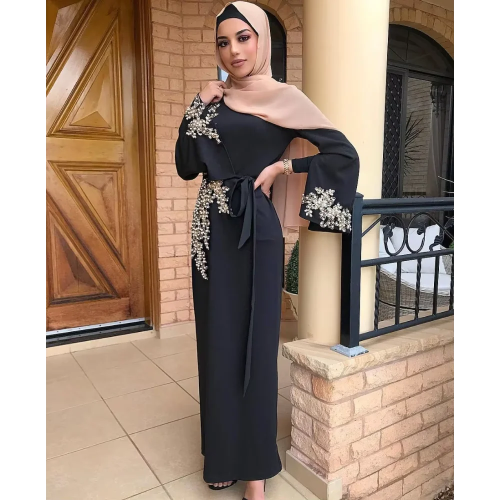 Muslim Fashion Dress Women Arab Pearl Dresses Dinner Party Plus Size Loose Casual Elegant Female Maxi Dress