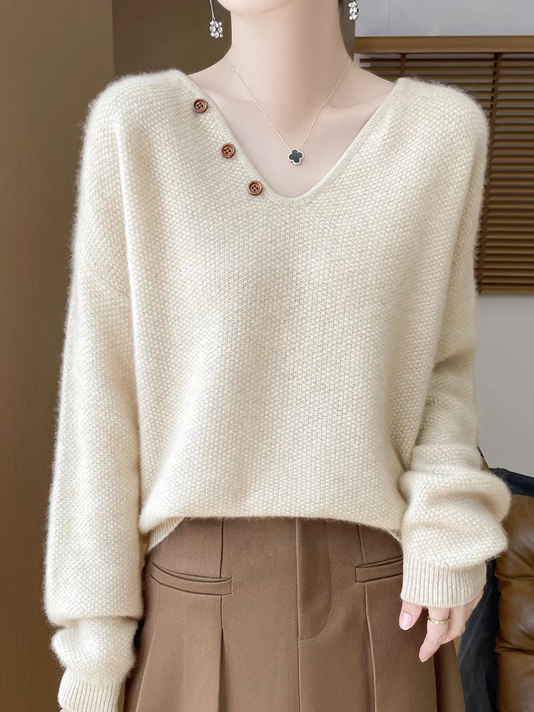 New Chic Women\'s V-neck Pullover Sweater 100% Merino Wool Knitwear Autumn Winter Loose Grace Style Cashmere Sweater Female Cloth