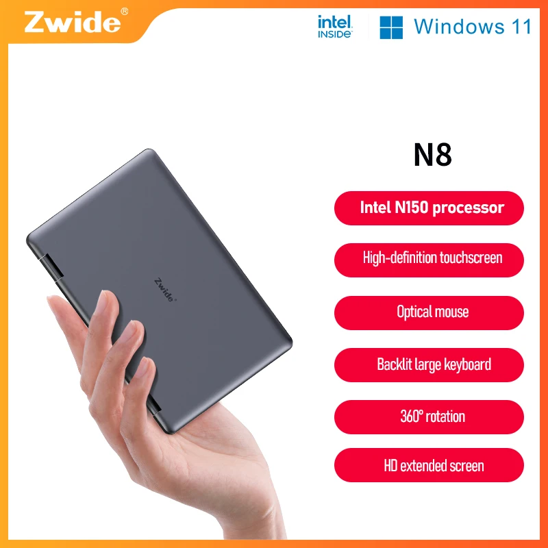 Zwide Mini Laptop N8 Intel N150 Windows 11 Pro 8 "polegadas IPS 1920x1200 pixels FHD TP 16GB LPDDR5 Pocket Notebook 360 °   Flip Yoga