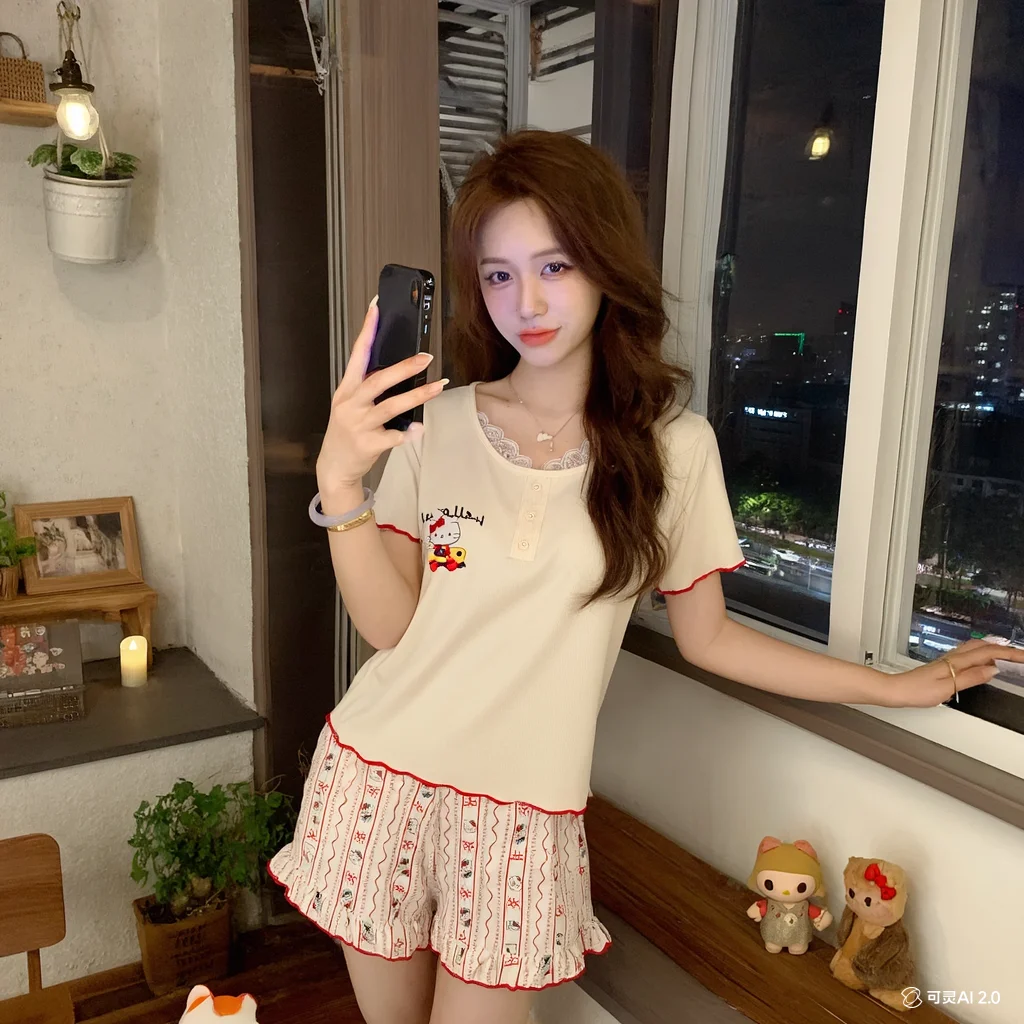 

Sanrio кружевная кружевная пижама летняя Hello Kitty с короткими рукавами Комплект для сна Удобная корейская версия Оставайтесь дома Свежий милый сладкий новый