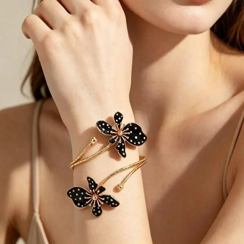 Gold Plated Cuff Bracelet With Red White Polka Dot: Enamel Flower Design Parties Daily Wear Gift Women