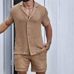 Trajes de dos piezas de punto de malla ahuecados para hombre, camisas de solapa abotonada y pantalones cortos, trajes casuales, conjuntos de Color sólido, Sexy, playa, Verano