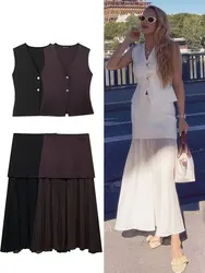 HH Female Set V-Neck Sleeveless Single Breasted Knitted Vest+High Waist Side Zipper Skirt Autumn Suits Woman 2024 Trendy