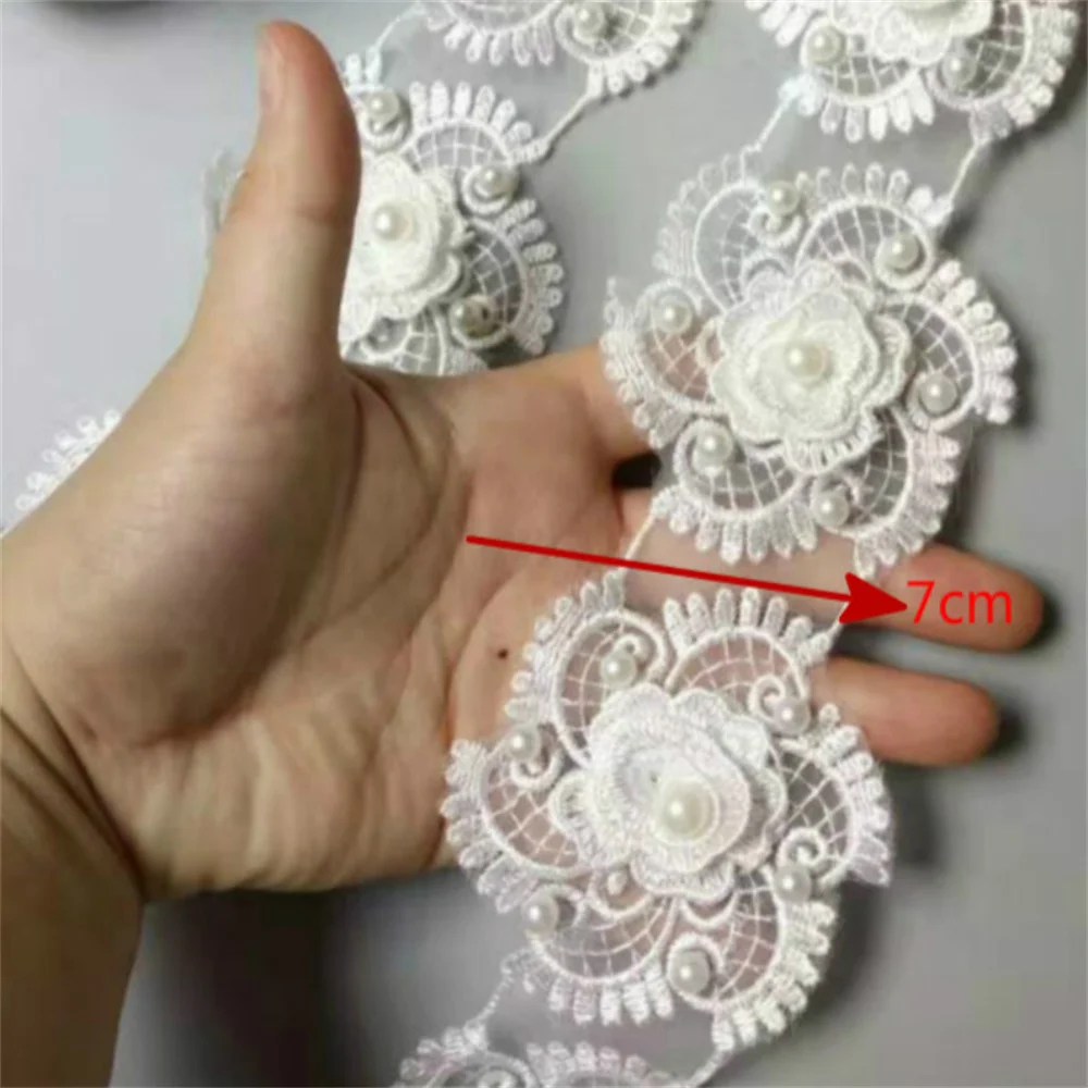 

2 Yard Wide 7.5cm White 3D Flower Pearl Lace Trimming Embroidery Lace Applique Dress Accessories TL02