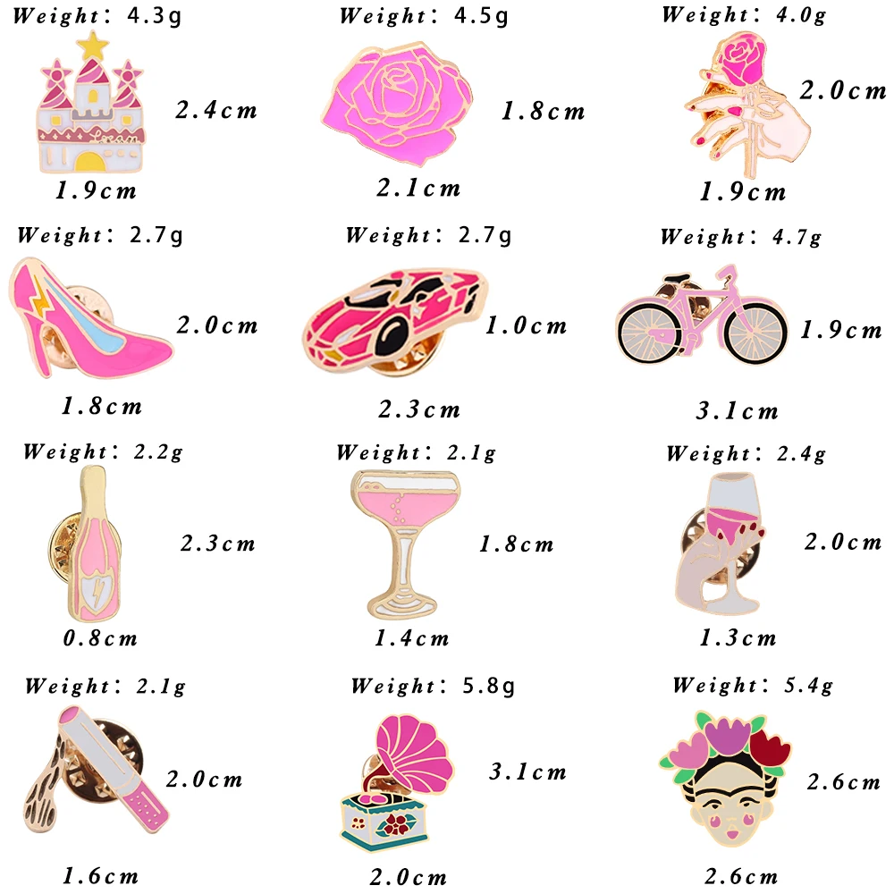 Women Pink Rose Enamel Pins Brooches Champagne Wine Glass Cigarette Vintage Record Player Cute Bike Badges Jewelry for Girl Kids view 6