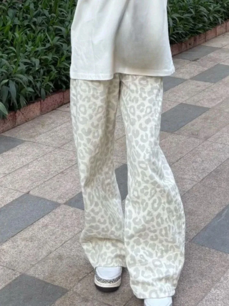 

Винтажные леопардовые женские джинсы, новые штаны 2021, широкие брюки с высокой талией Y2k, Pantalon Femme, повседневные модные прямые джинсовые брюки