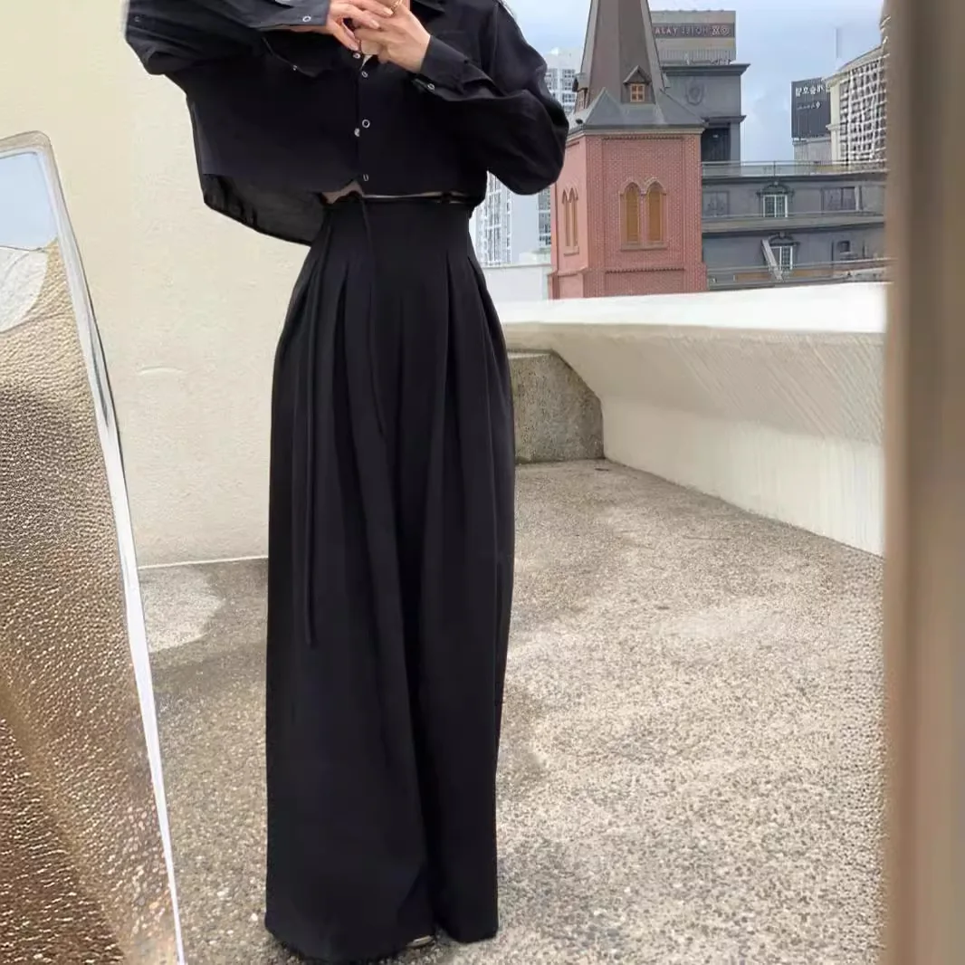 2026 Early New Product Retro Temperament Drawstring Design Sense High Waist Hanging Sense Casual Mopping Pants Wide Leg Pants