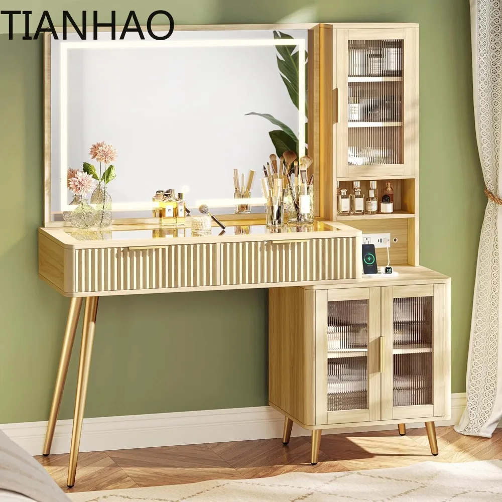 47.2'' Big Makeup Vanity Desk with 35” LED Lighted Mirror and Power Outlets, Fluted Large Vanity with Glass Top, 2 Drawers