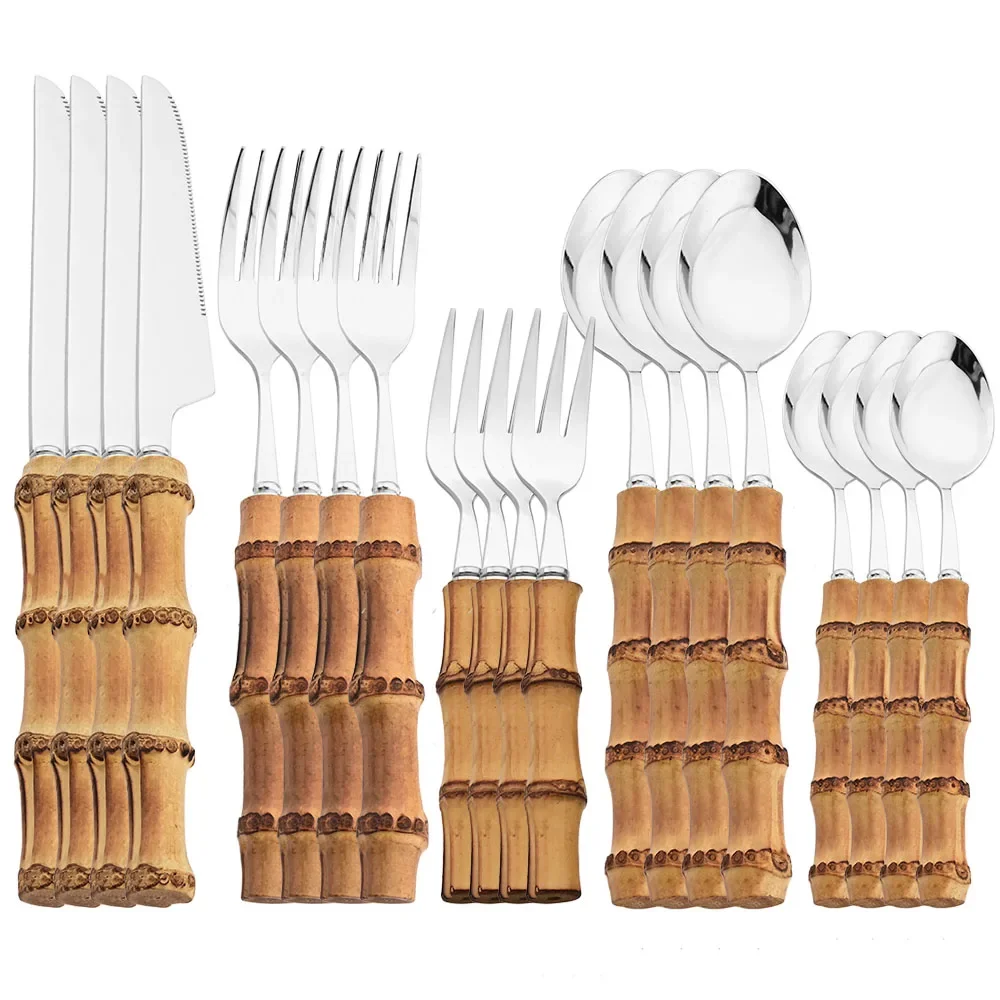 20Pcs Wooden Handle Tableware Set Natural Wood Bamboo Cutlery 304 Stainless Steel Dinnerware Knife Fork Spoon Flatware Kitchen