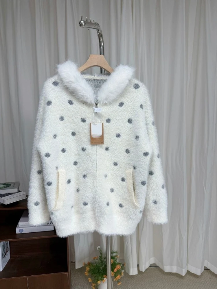 2000s Korean Fashion Sweet Dot Coats Y2k Kawaii Japanese Style Fur Collar Hoodies Cardigan Harajuku Vintage Kawaii Sweater Coats