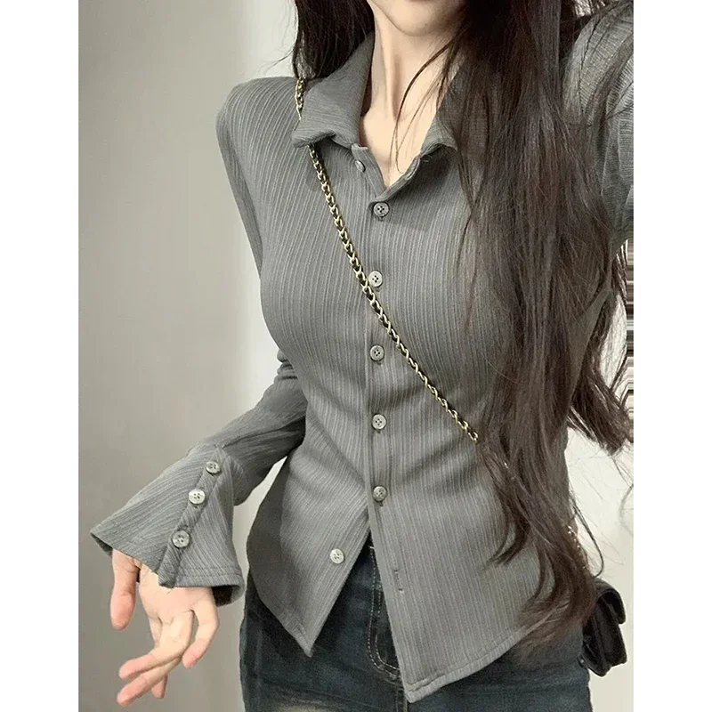 Korean Striped Shirt Women Slim Solid Button Flared Sleeve Gray Top High Street Skinny Basic Office Lady Harajuku School Blouses