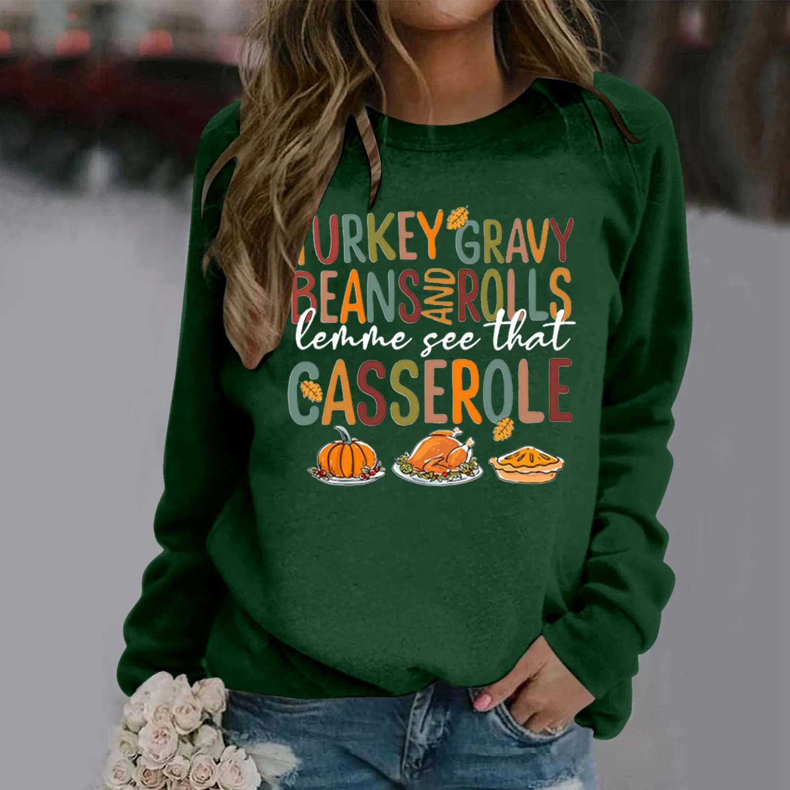 Thanksgiving Day Women's Pullover Sweatshirt Fall Winter Turkey Gravy Beans Rolls Casserole Print Sweatshirt O Neck Graphic Top