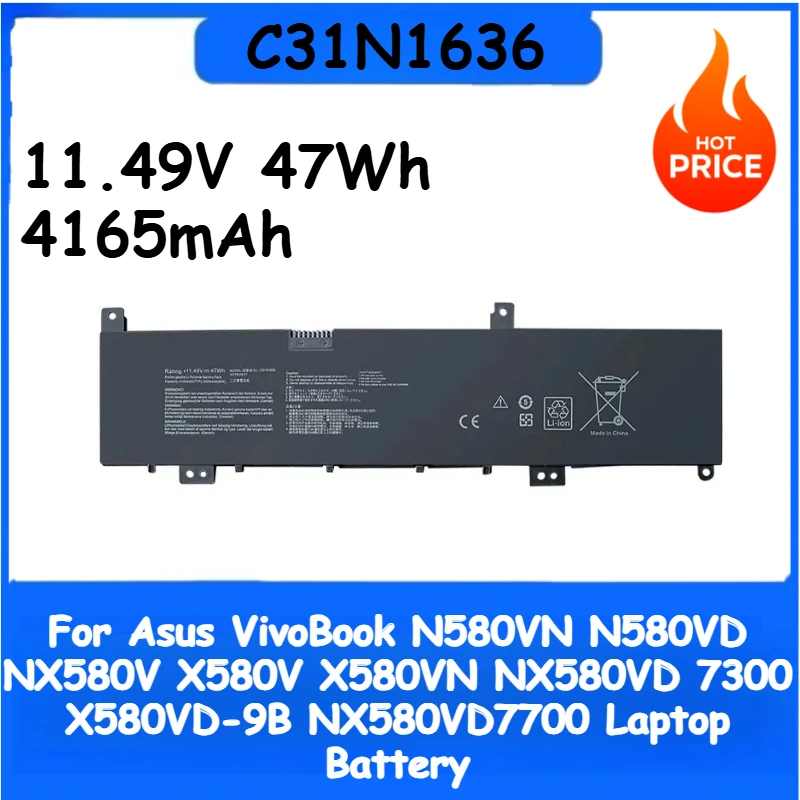 

C31N1636 Аккумулятор для ноутбука 11,49 В 47 Втч 4165 мАч для Asus VivoBook NX580V N580VN N580VD N580VN N580VD NX580V D7300 X580V