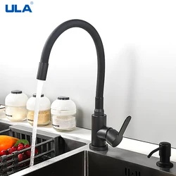 ULA-grifo de cocina con Caño Negro, mezclador de agua fría y caliente, gira 360 grados, para fregadero, con manguera negra