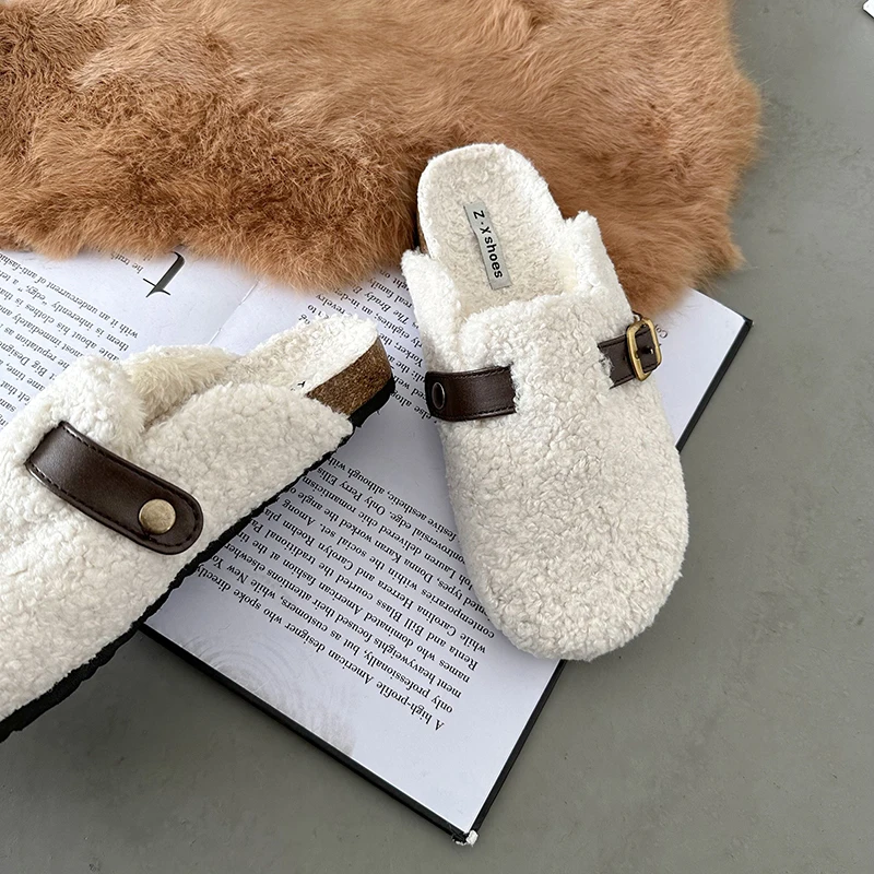 2023 Lambswool Mules Women Belt Buckle Slippers Winter Clogs Shoes Woman Platfoem Cover Toe Plush Fur Slides Outdoor Fuzzy Shoes