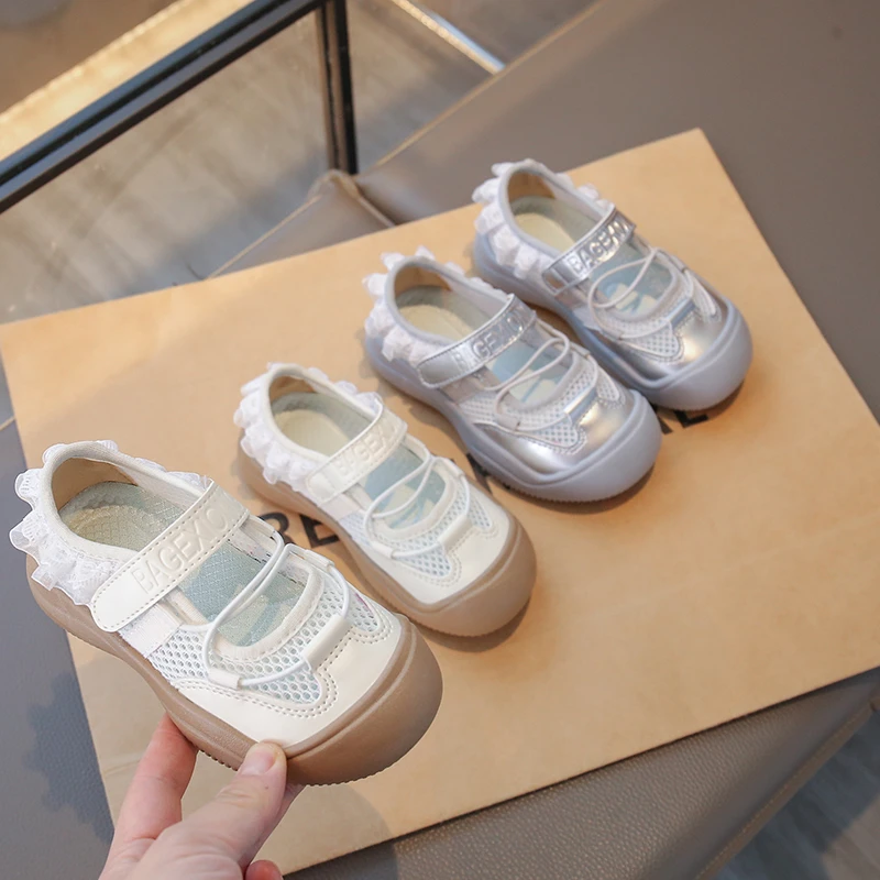 Kids'Casual Shoes Sneakers Mesh Bow Spring Shoes For Girls Hook and Loop Anti-slip Soft Bottom Silver Beige Shoes Size 23-37