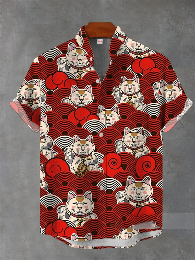 New Men's Abstract Landscape Animal 3D Printed Shirt Vacation Linen Hawaiian Beach Lapel Short Sleeve Breathable Fashion Top