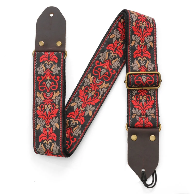 Guitar Ukulele Strap Embroidered Guitar Strap Leather Head Bass Shoulder Strap Electric Guitar Accessories(Black)